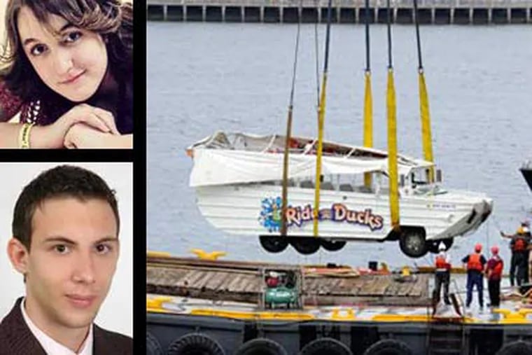 The bodies of Hungarian tourists Dora Schwendtner, 16, top left, and Szabolcs Prem, 20, were recovered Friday in the Delaware River near the Walt Whitman Bridge, two days after a Ride the Ducks boat was struck by a barge. The vessel was also lifted from the river. (Right photo: Clem Murray / Staff Photographer)