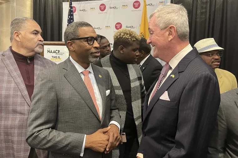 Derrick Johnson, the NAACP National President, greets N.J. Gov. Phil Murphy in Atlantic City, which will host the NAACP national convention July 14 to July 20, 2022. National leaders held a press conference in Jim Whelan Boardwalk Hall on Thursday April 28, 2022.