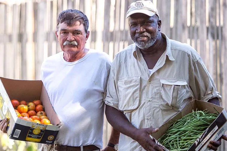 John Lindsay (left) and James Seward hold fresh produce from the community garden on Wiota Street. They are concerned that developers are interested in bidding on the property.