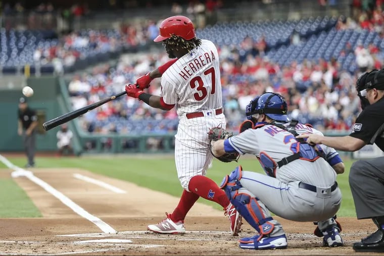 Odubel Herrera hits a solo homer against the Mets on May 11, which was Game No. 40 of his on-base streak.