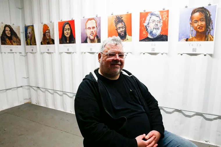 Artist Ed Marion during a reception of "The Pizza Box Portrait Project," on display in Cherry Street Pier on Sept. 6, 2019.