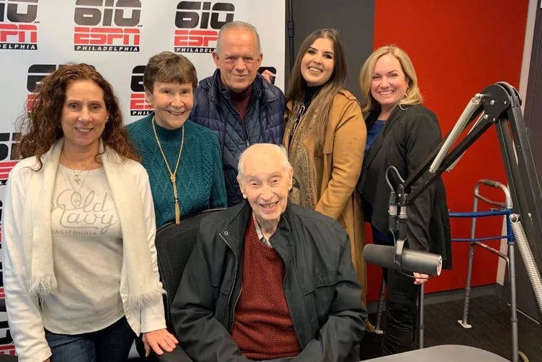 Attending Joe Ball's 90th birthday surprise event in 2019 were from left to right: his longtime secretary, Kathy Newmiller; wife, Sandy Ball; former Sixers coach Jim Lynam; producer, Kierstyn Satkowski; and Dei Lynam. And that's Mr. Ball seated in the middle.
