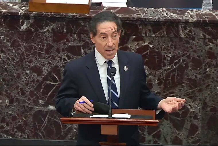 In this image from video, House impeachment manager Rep. Jamie Raskin, D-Md., speaks about the motion to call witnesses during the second impeachment trial of former President Donald Trump in the Senate at the U.S. Capitol in Washington, Saturday, Feb. 13, 2021.