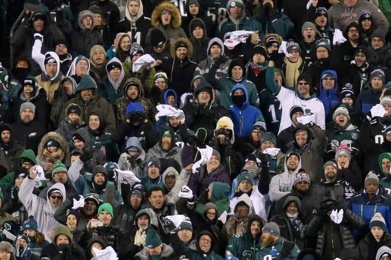 File Photo: Eagles fans cheer during the second half of the Eagles' playoff game against the Atlanta Falcons at Lincoln Financial Field last Saturday. Undercover police officers will be in the stadium for Sunday’s Eagles-Vikings NFC Championship game.,