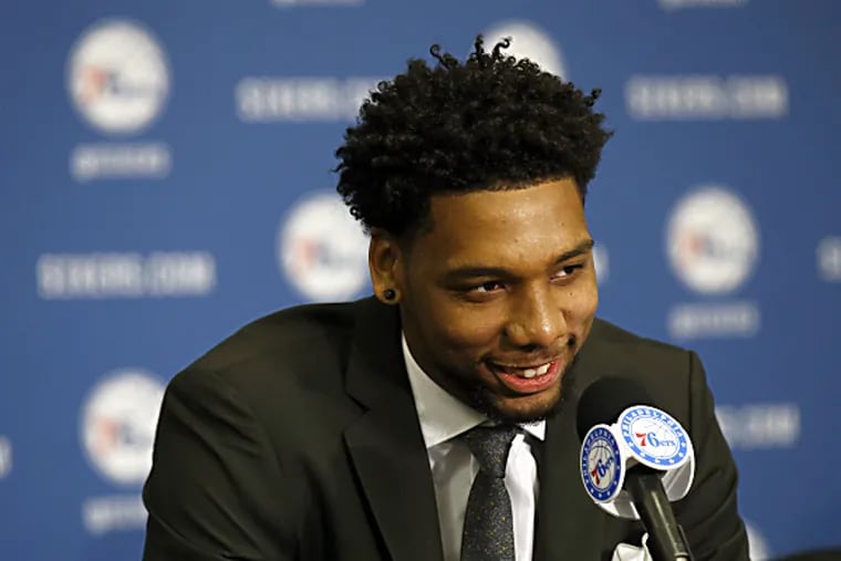 Philadelphia 76ers 2015 first round, 3rd overall, draft pick Jahlil Okafor smiles while meeting the local media at Philadelphia College of Osteopathic Medicine basketball court on Saturday, June 27, 2015. (Yong Kim/Staff Photographer )