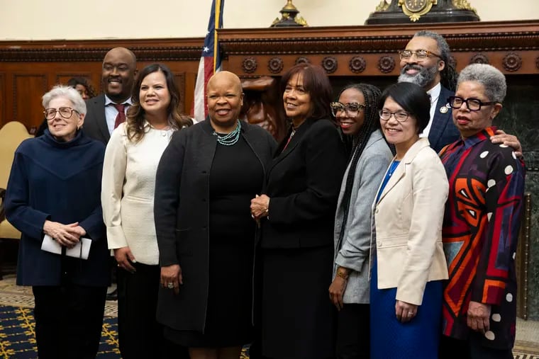 Mayor Cherelle Parker's nominees for school board, photographed April 2, are (L-R) Joan Stern, Whitney Jones, Wanda Novales, Crystal Cubbage, Cheryl Harper, Sarah-Ashley Andrews, Chau Wing Lam, Reginald Streater and Joyce Wilkerson. There's been some pushback on the nominations of Streater, the current board president, and Wilkerson, the former board president.