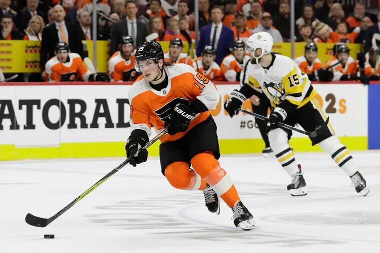 Flyers center Nolan Patrick, shown skating against the Pittsburgh Penguins, was unable to start training camp Friday.