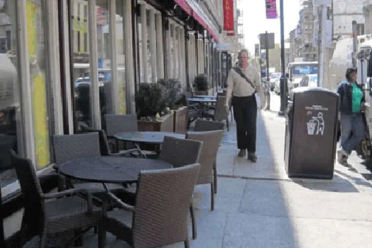 The sidewalk in front of Pizzicato on Market at 3rd was blocked by planters, tables and signs (left) but was tidied up after a ticket was issued and a trash truck brought in to provide some incentive. Had the sidewalk not been cleared up, some of the obstructing items could have been crushed.