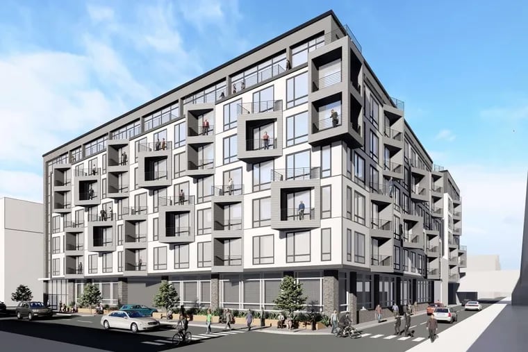 A rendering of the 309-unit apartment building planned for 12th and Race Streets, looking northeast.