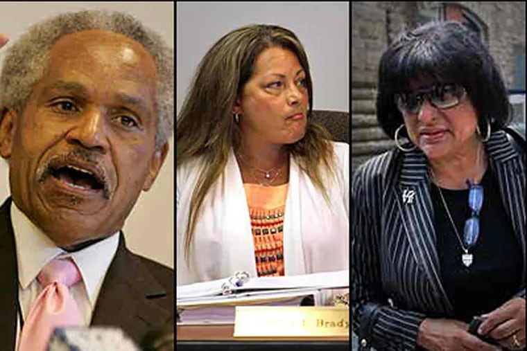 HUD is calling for the 5-member Philadelphia Housing Authority board to resign, including its chairman, John F. Street (left), the often-absent Debra L. Brady (center) and city councilwoman Jannie Blackwell, who is still serving though her board term has expired. (File photos)