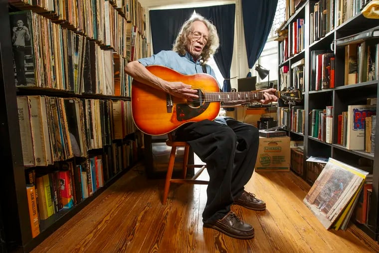 Peter Stone Brown, a mainstay on the Philly music scene, plays a Bob Dylan song on his 1965 Epiphone Texan guitar in his West Mount Airy apartment.