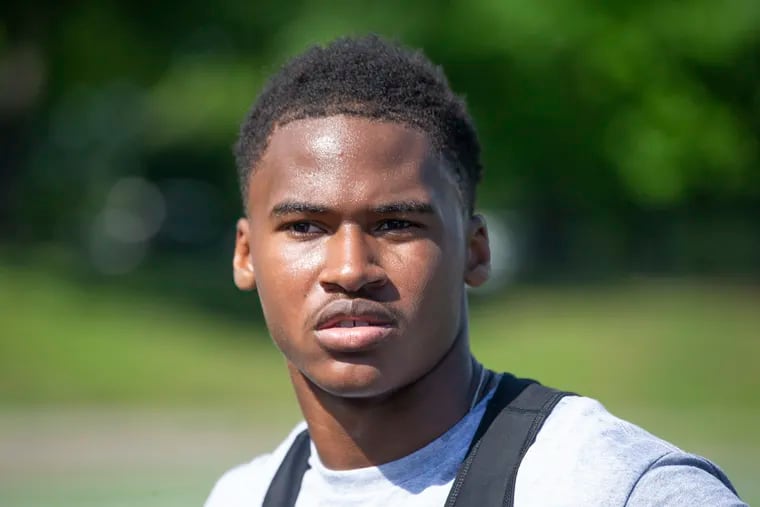 Imhotep Charter High School held a showcase event for college coaches to see their players workout on May 18, 2022. Running back Jabree Coleman.