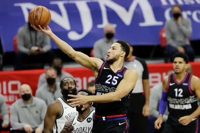 Sixers guard Ben Simmons drives to the basket against the Brooklyn Nets on Feb. 6.