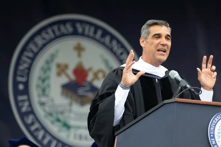 Villanova Coach Jay Wright delivers the commencement speech at Villanova's graduation.