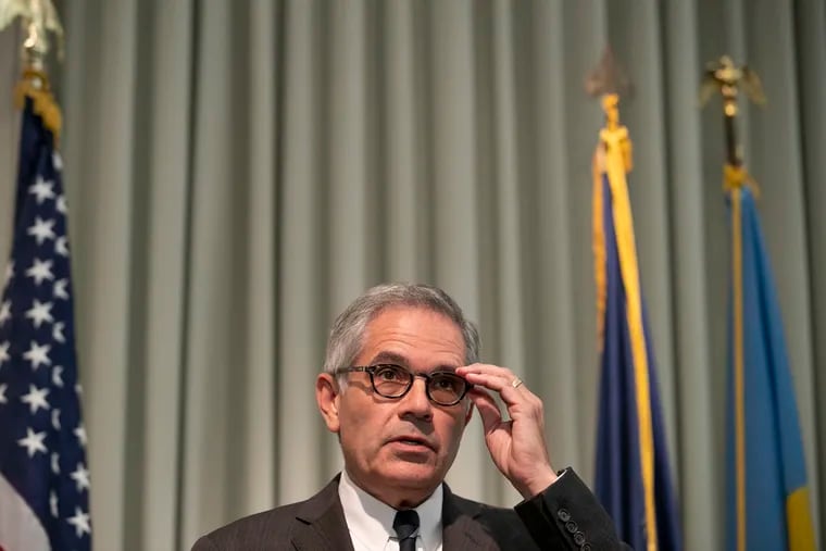 Philadelphia District Attorney Larry Krasner speaks to the media during a news conference regarding the police shooting in North Philadelphia on Wednesday evening at his office in Center City on Thursday, Aug. 15, 2019.