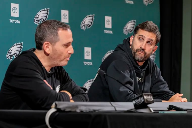 Eagles Executive Vice President Howie Roseman left and head coach Nick Sirianni hold a press conference to address cutdown day, NovaCare Complex,  Tuesday, August 29, 2023