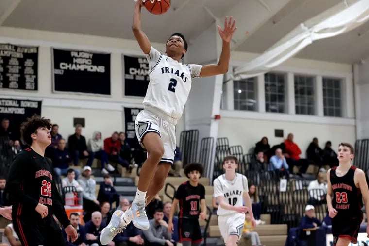 Ryan Williams of Malvern Prep goes up for a dunk against Germantown Academy on Jan. 13, 2023.