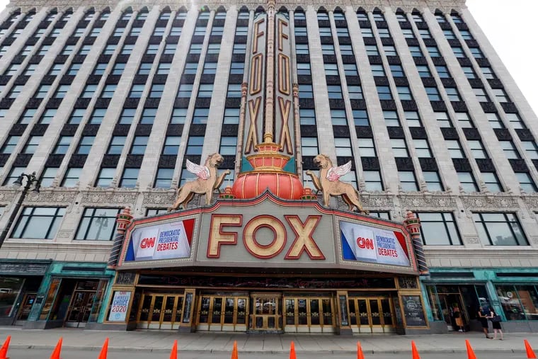 The marquee at the Fox Theatre displays signs for the Democratic presidential debates in Detroit, Monday, July 29, 2019. The second scheduled debates, hosted by CNN, will be held Tuesday, July 30 and Wednesday, July 31.