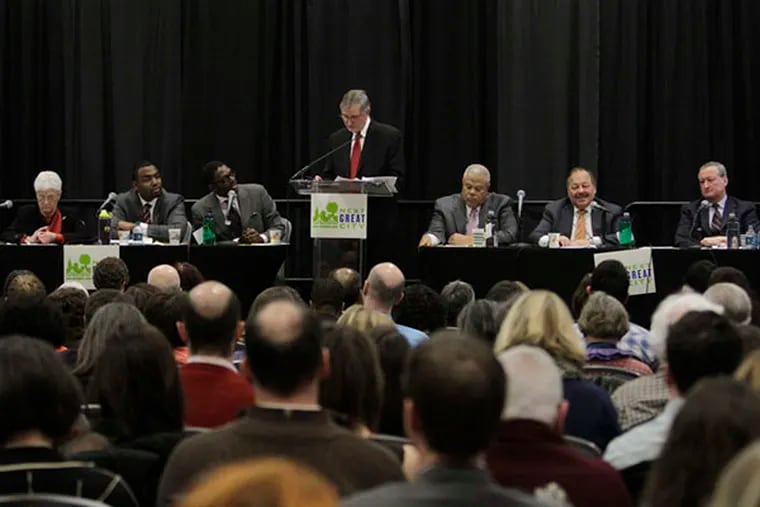 Candidates sit on the stage at the Next Great City Coalition's Mayoral Forum on Tuesday, March 3, 2015. (STEPHANIE AARONSON / Staff Photographer)