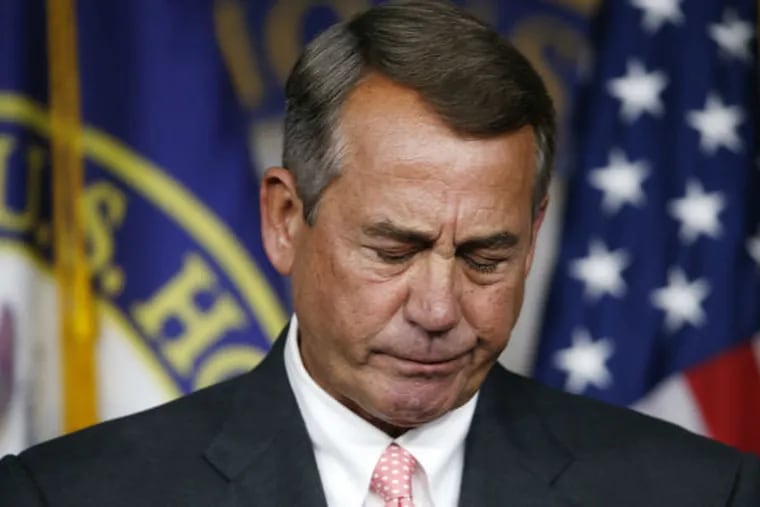 House Speaker John Boehner of Ohio pauses during a news conference on Capitol Hill in Washington, Friday, Sept. 25, 2015. (AP Photo/Steve Helber)