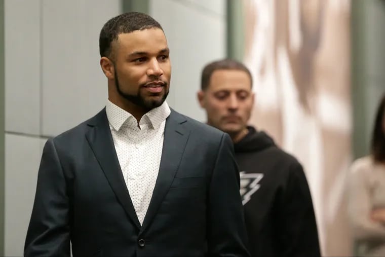 New Eagles wide receiver Golden Tate arrives for his press conference at the NovaCare complex last Wednesday.