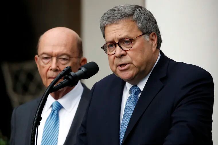 Attorney General William Barr speaks about the census as Commerce Secretary Wilbur Ross listens during an event with President Donald Trump in the Rose Garden at the White House, Thursday, July 11, 2019, in Washington.