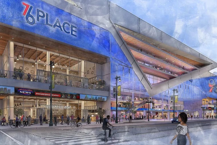 The Sixers released this preliminary sketch of the entertainment district and arena they want to build on Market Street. The ground floor would be lined with restaurants and other active retail uses, and the arena entrance would be in the middle of the block.