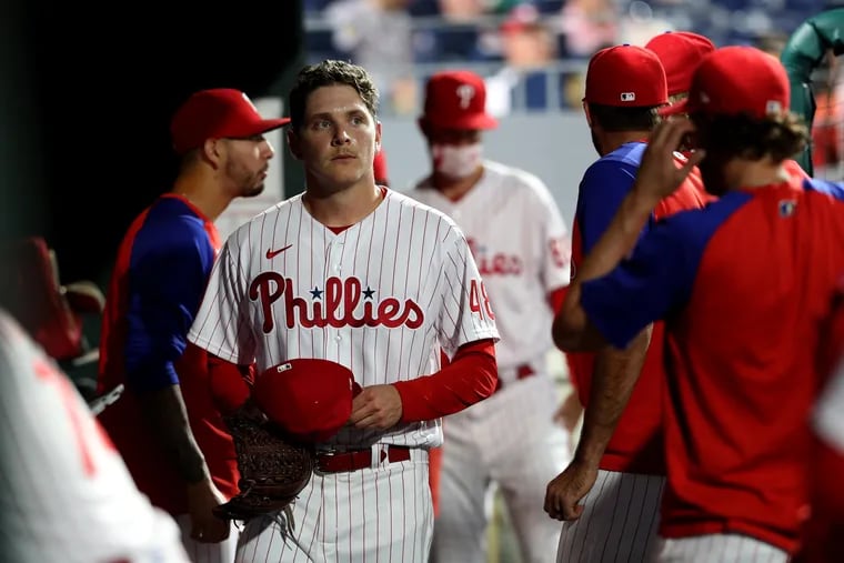 Spencer Howard of the Phillies after being pulled from the game in the 4th inning against the Red Sox on May 22, 2021.