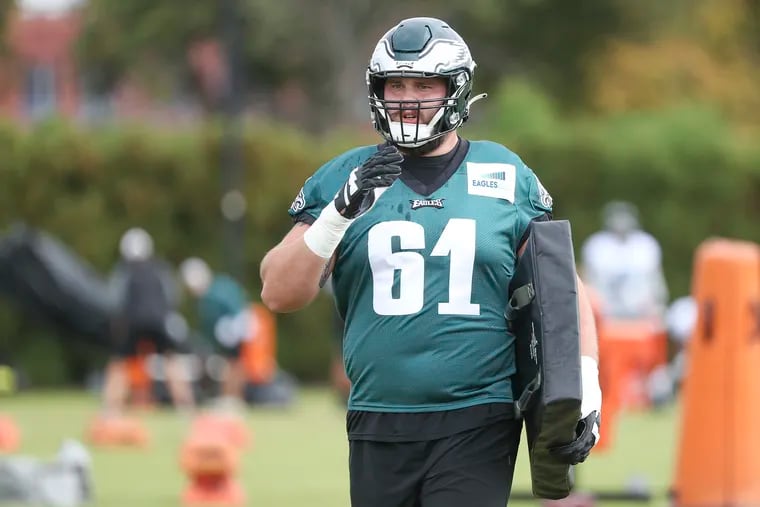 Eagles guard Josh Sills (61) during practice at the NovaCare Complex in South Philadelphia on Thursday, Oct. 13, 2022.