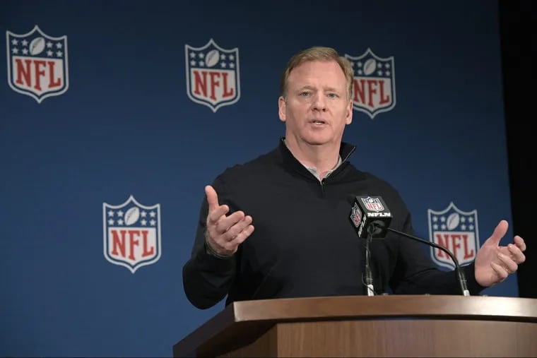 Commissioner Roger Goodell answers a question from a reporter during a news conference at the NFL owners meetings, Wednesday, March 28, 2018, in Orlando, Fla.