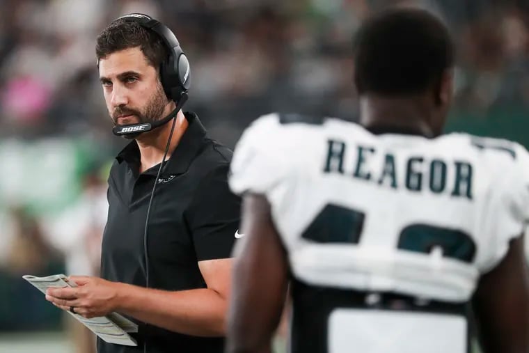 Eagles head coach Nick Sirianni on the sideline in the second quarter of a preseason game against the New York Jets at MetLife Stadium in East Rutherford, NJ on Friday, Aug. 27, 2021.