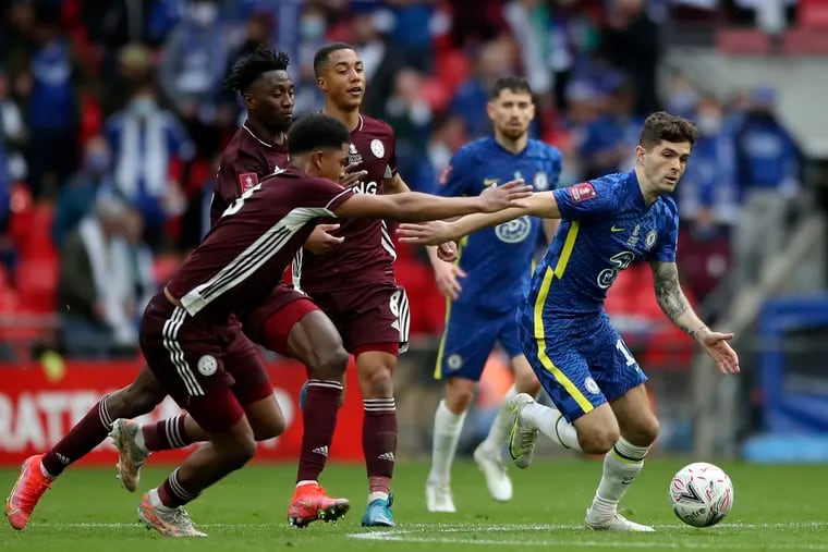 Christian Pulisic (right) on the ball for Chelsea during Saturday's FA Cup final against Leicester City.
