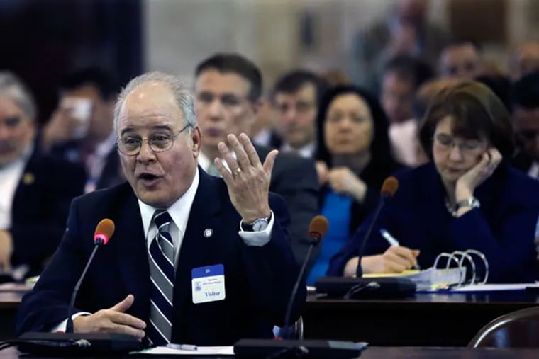 Harvey Kesselman, acting president of Stockton University, at budget hearing. (AP Photo/Mel Evans)