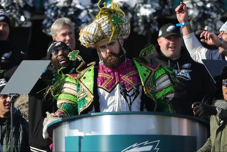 Jason Kelce dressed like a Mummer and now will play sax like a Mummer on Sunday in Manayunk.