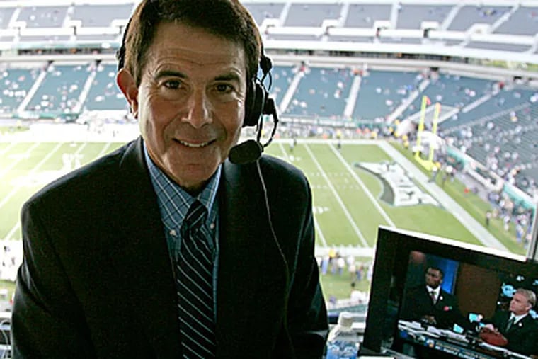Merrill Reese sits in the radio announcing booth before an Eagles game at Lincoln Financial Field. (Michael Perez/Staff Photographer)