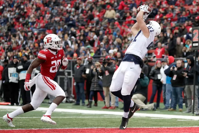 Penn State freshman tight end Pat Freiermuth (87) leads the Nittany Lions in touchdown catches with six after snaring two against Rutgers.
