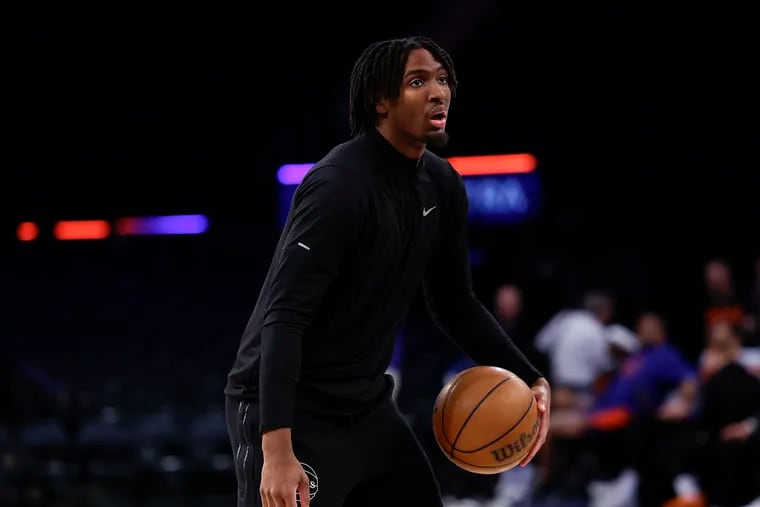 Sixers guard Tyrese Maxey warms up before Game 2 against the New York Knicks.