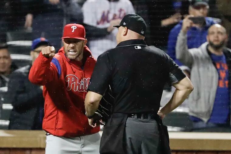 Phillies manager Gabe Kapler argues with plate umpire Mark Carlson during the fourth inning.