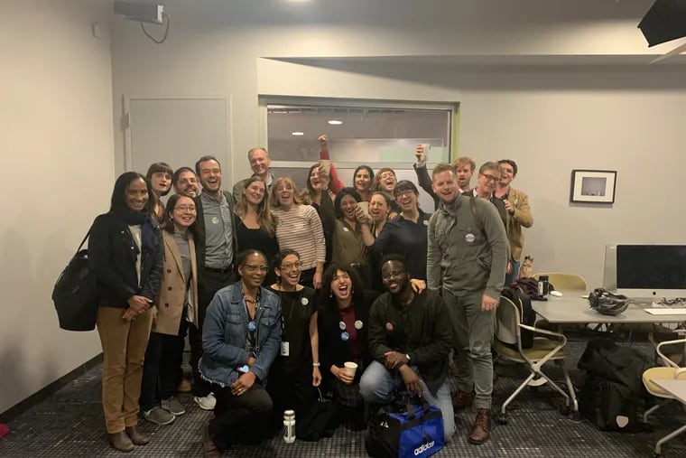 Members of the newly formed WHYY union after votes were tallied Wednesday evening.