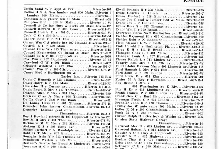 A page from the Riverton-Palmyra phone book from 1928-29 lists some residents' occupations.