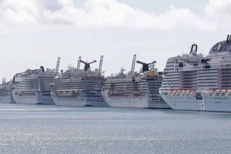 Inactive cruise ships  docked in Miami.