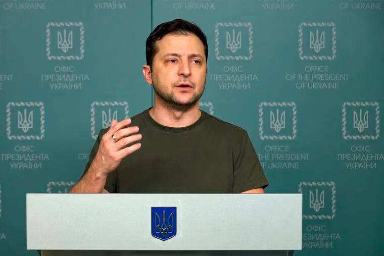 Ukrainian President Volodymyr Zelenskyy speaks to the nation in Kyiv, Ukraine.  Russian state media is spreading false claims that Ukrainian President Volodymyr Zelenskyy has fled Kyiv in what experts say is an effort to discourage Ukrainians and erode support for Ukraine around the globe.