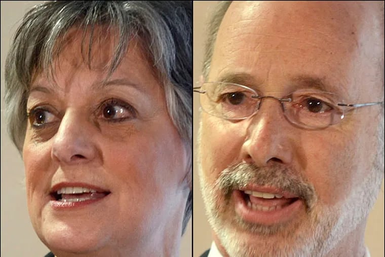 U.S. Rep. Allyson Y. Schwartz challenged businessman Tom Wolf to disclose details of a $4 million bank loan he obtained for his campaign during a sometimes-tense debate Wednesday among Democratic candidates for governor. (File photos)