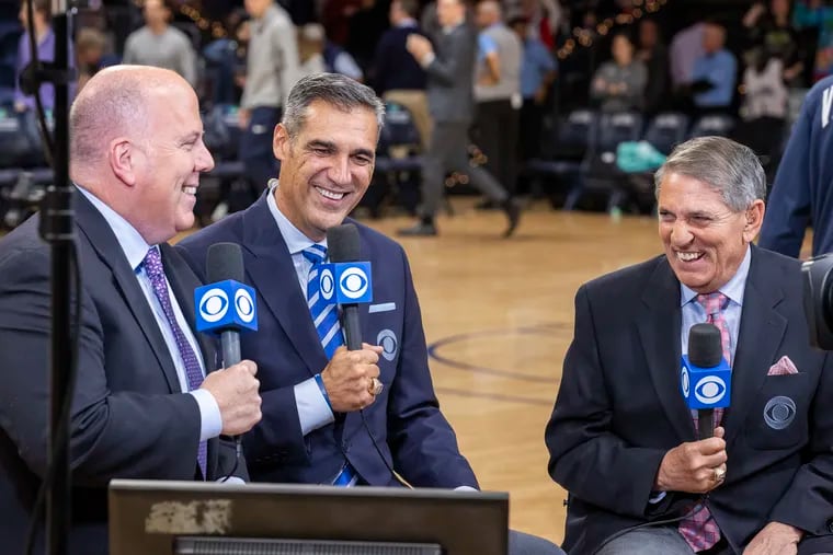 Former Villanova coach Jay Wright (center) was part of the broadcast team for CBS along with Tom McCarthy (left) and fellow former Villanova coach Steve Lappas.