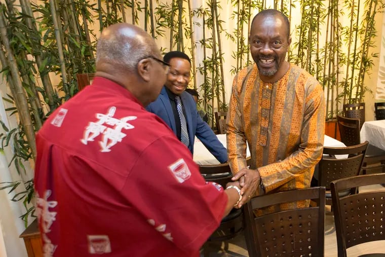 FunTimes Magazine hosted the first-ever Diaspora Leaders Roundtable to discuss issues related to people of African descent around the world on July 3, 2019.  FunTimes Publisher Eric Nzeribe, right, greets people as they arrive.