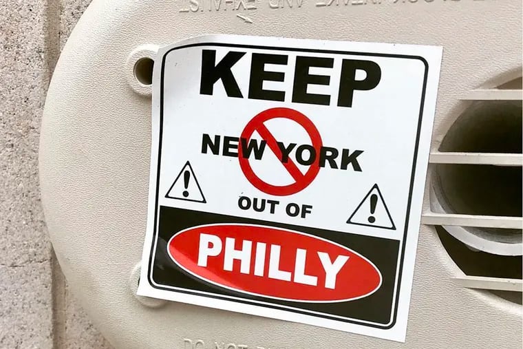 Anti-New York sentiments are displayed on this sticker seen on a South Philadelphia street in December 2017.