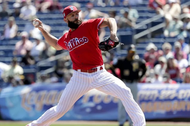 Phillies pitcher Jake Arrieta surrendered five runs and seven hits in his exhibition finale against Pittsburgh Monday at Spectrum Field in Clearwater, Fla. (AP Photo/John Raoux)