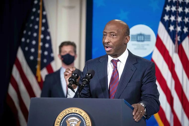 Former Merck & Co. CEO Ken Frazier, shown speaking at a COVID-19 response update in Washington, D.C., in March 2021, is getting a Franklin Institute award on Thursday for business leadership.