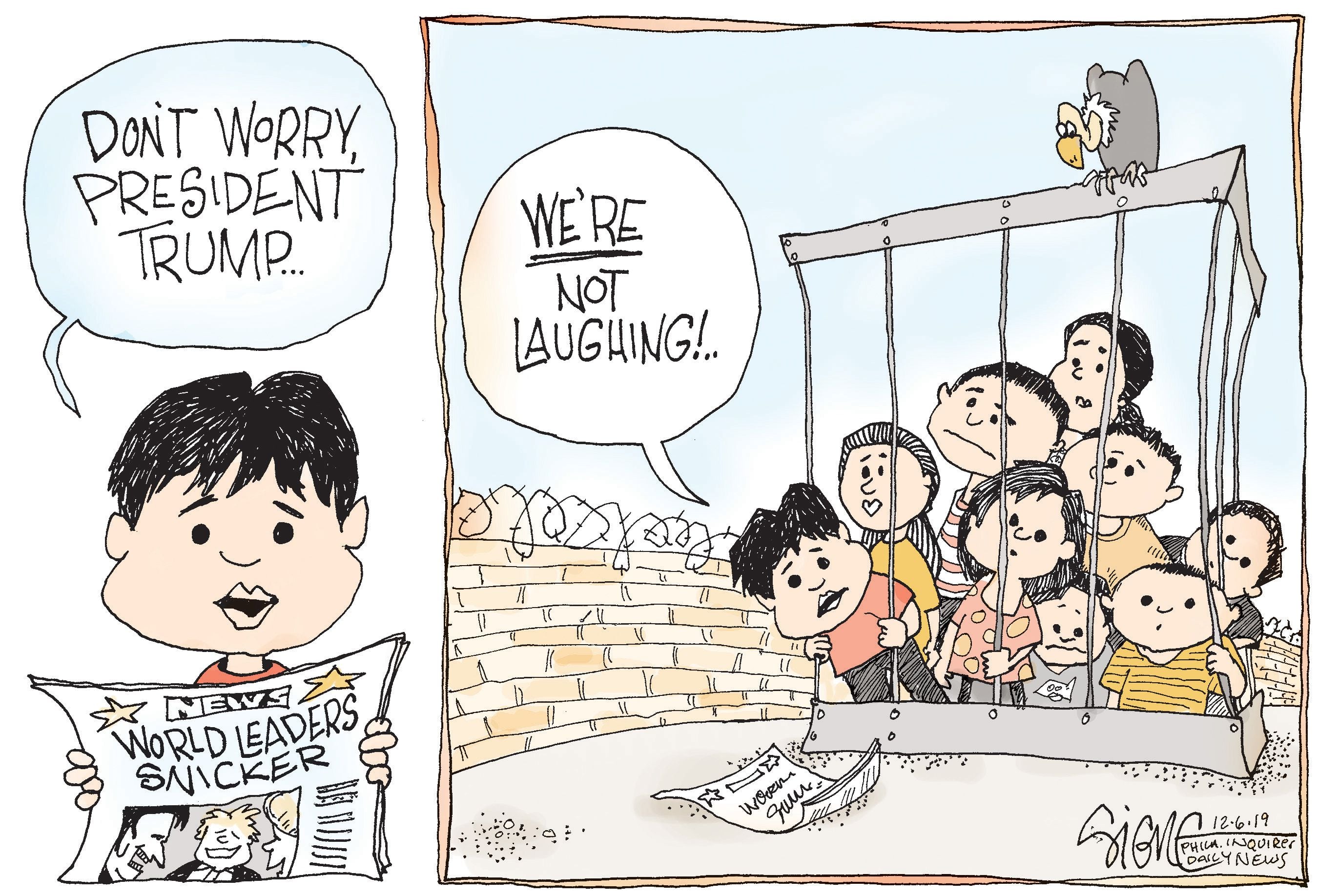 Political Cartoon: World leaders laugh at Trump, kids held at border not so  much
