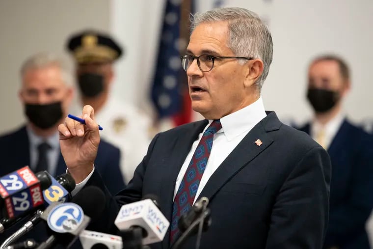 District Attorney Larry Krasner at a news conference on Monday.
